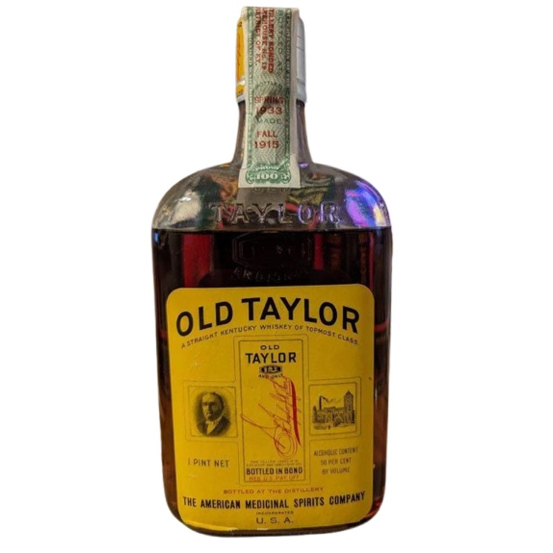 1915 Old Taylor Bourbon Bottled 1933 Prohibition Bottling Quart, low fill