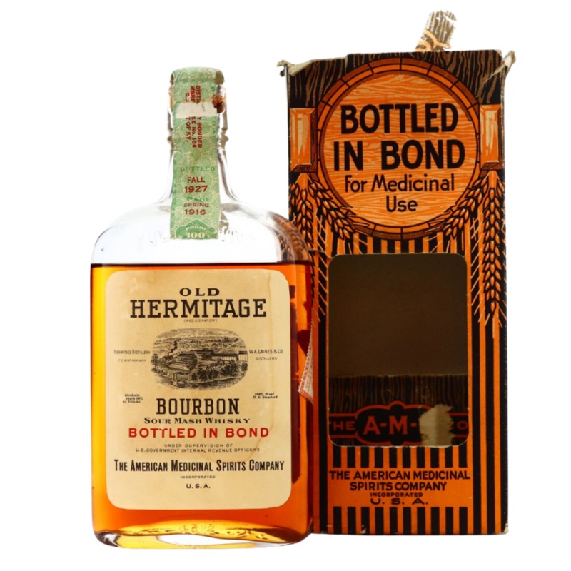 1916 Old Hermitage Bourbon Bottled 1927 American Medicinal Spirits Company (Prohibition Bottle) 100 Proof Pint