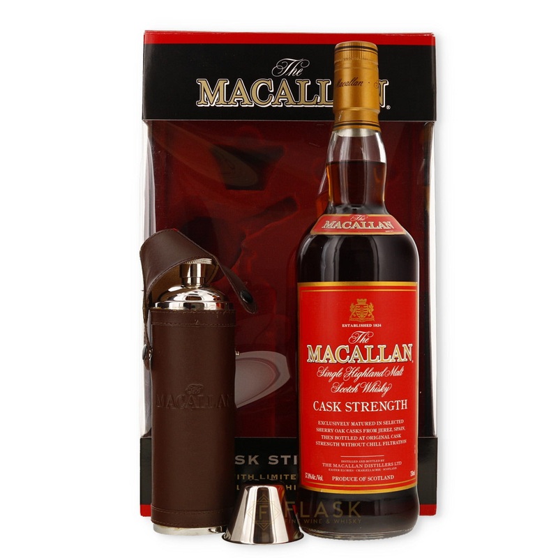 Macallan Cask Strength Red Label Gift Set With Luxury Hip Flask 750ml